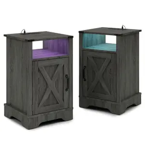 LED Nightstand Set of 2 with Charging Station, Bedside Table with Storage Cabinet and Shelf, Rustic End Table, Farmhouse Wooden Side Table, for Bedroom, Living Room, Dark Gray