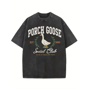 Vintage Washed Porch Goose Social Club Graphic T-Shirt Oversized Retro Streetwear Cotton Tee
