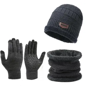 3Pcs Men's Windproof Hat Outdoor Travel Leisure Winter Scarf Gloves Three-Piece Neck One Plus Cashmere Warm Winter Knitted Hat