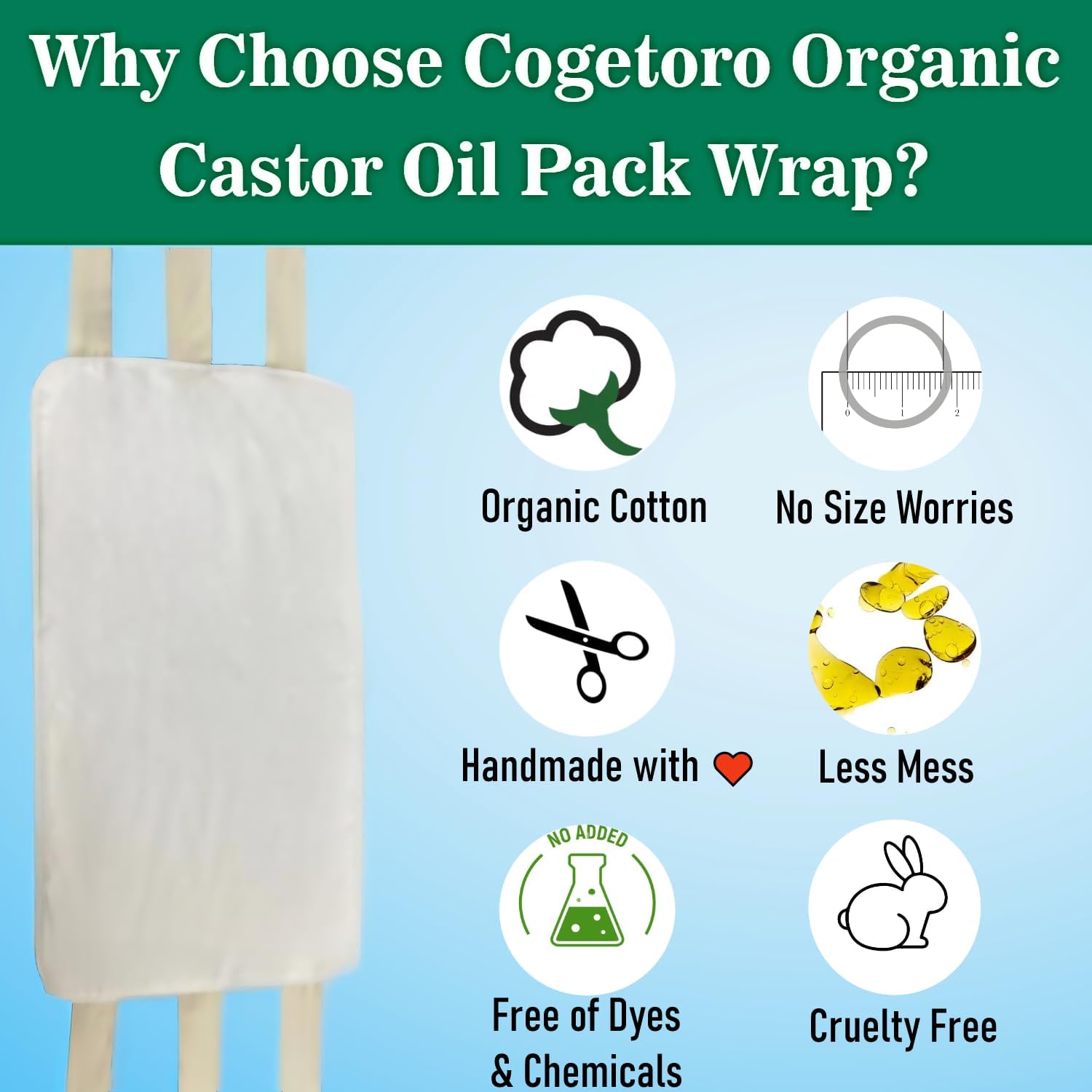 4 Pcs Castor Oil Pack Wrap Organic Cotton for Stomach, Neck, Breast, Belly, Liver Detox, Reusable Castor Oil Compress and Pack Kit with with Six Adjustable Straps
