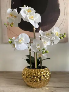 Artificial Flowers Arrangement, White Orchid in Golden Pot for Home Decoration