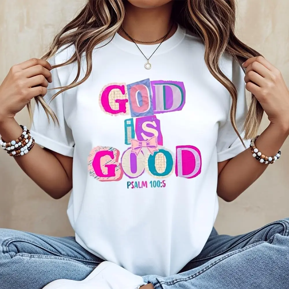 God Is Good Psalm 100:5 Graphic Print, Neck Drop Shoulder T-Shirt, Christian Faith Religious Theme, Church Worship Daily Casual Wear