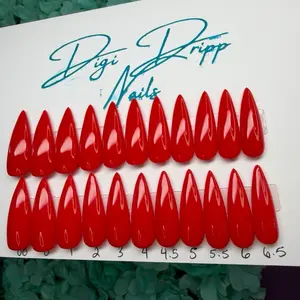 Digi Drip Nails Solid Basic Red 20-Piece Press-On Nail Set with Gel Polish & Hard Gel - Includes Nail Glue, Tabs, Cuticle Pusher, File, Buffer, Alcohol Wipes
