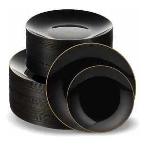 200 Pieces Disposable Black Plastic Dinner Plates, 100 Pieces 7.5 Inch Gold Border Appetizer/Dessert Plastic Dinner Plates and 100 Pieces 10.25 Inch Gold Border Plastic Dinner Plates, Suitable for Wedding, Party Or Catering, hand Washable and Reusable