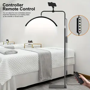 23'' LED Half Moon Lash Lamp with Phone Holder - 360° Rotation, 3 Color Modes, Adjustable Height - Bright Floor Light for Eyelash Tech, Tattoo Artist table