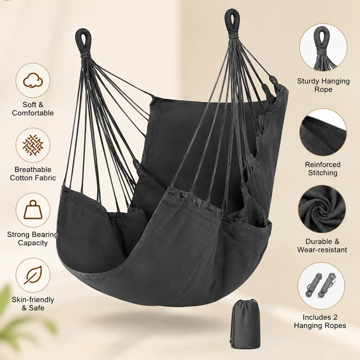 1-Count Cotton Canvas Hanging Swing Chair - 1-Person Hammock Chair with Side Pockets and Carry Bag for Indoor, Outdoor Daily Use