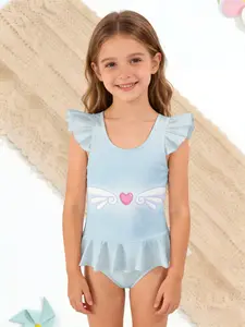 Healing One-Piece Swimsuit, Light Blue Heart Wings Pattern, Soft Skin-Friendly Baby Girls Beach Vacation Swimwear, Sleeveless Ruffle Design, Swimsuit Style