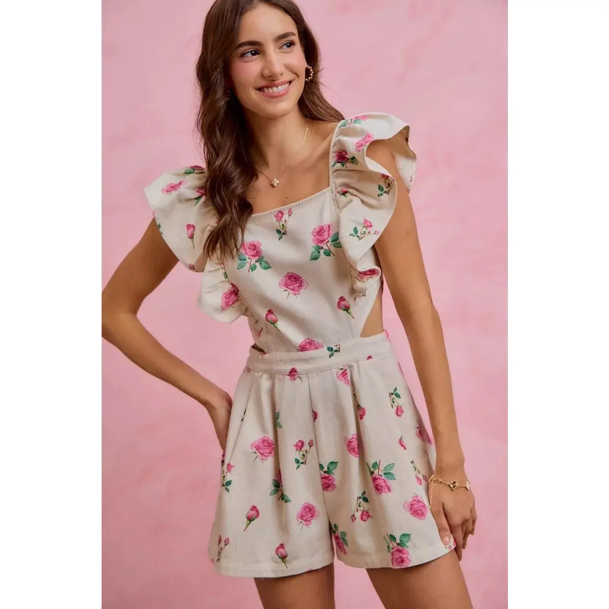 SO ME Floral Print Denim Cut Out Waist Ruffled Romper