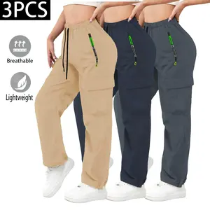 Women’s 3-Pack Breathable Cargo Pants – Lightweight Quick-Dry Casual Outdoor Trousers with Drawstring and Multiple Pockets for Summer, Adjustable, Bottom,summervibes