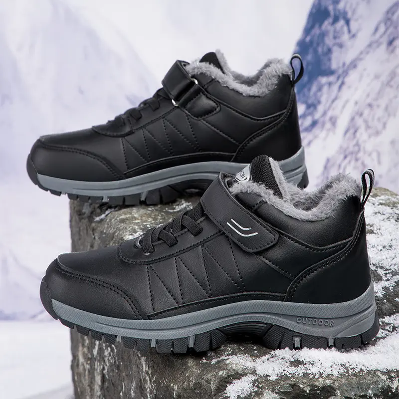 Men's Unisex Winter Fleece Lined Snow Boots - Dry PU Upper, Waterproof Leather, Velcro Wide-Fit Strap, Faux Fur Warmth, Warm Fleece Wrap, Non-Slip Anti-Cold Outdoor Hiking Ankle Booties