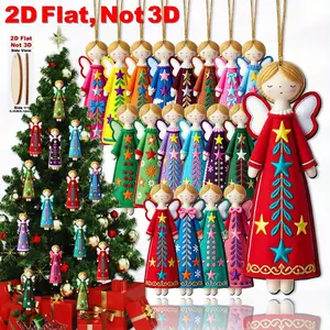 Artificial Wooden Angel Ornaments Set, Classic Colorful Angels with Gold Stars & Ribbon Bowties, Christmas Tree Topper Decorations, Hanging Ornament
