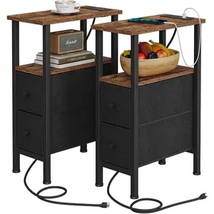 2 Set Narrow Side Table for Small Spaces, Skinny End Table with Charging Station, Sofa Beside Table with 2 Drawers 1 Open Compartment, Slim Nightstand with USB Ports Outlet, Rustic and Brown