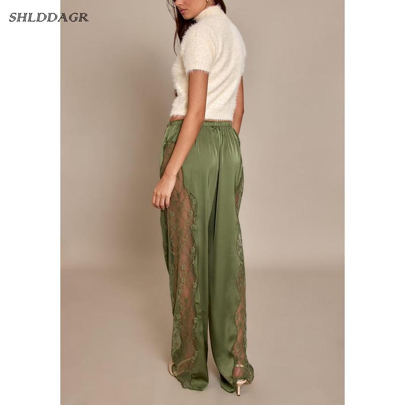 Women's Stylish and Elegant Satin Lace Wide-Leg Pants - High-Waisted Drawstring Loose Flowy Casual Party Dress Pants with Side Lace Trim (Ivory/Brown/Olive Green)