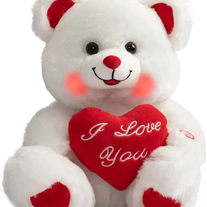 Christmas Gift Teddy Bear with Heart Plush Pink Bear that Says I Love You and Blushes LED Stuffed Toys for Girlfriend and Kids 13 inch White