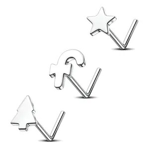Oufer 20G 3PCS L-Shaped Candy Cane/ChristmasTree/Star Nostril Studs Set Christmas Gift