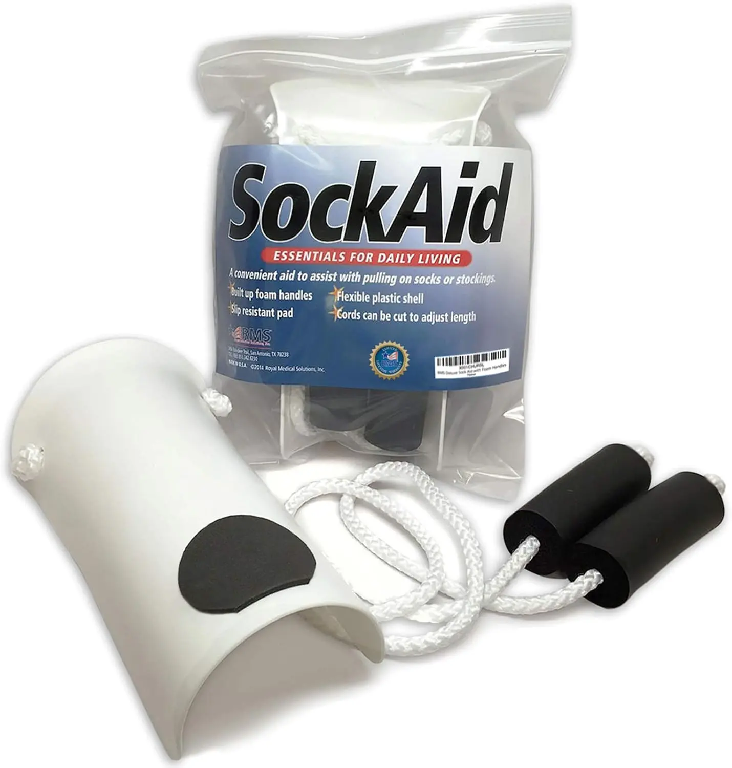 Deluxe Sock Aid - Socks Helper with Foam Handles for Regular Socks, Flexible Contoured Plastic Shell, Adjustable Ropes, Non-Slip Foam Pad, Ideal for Limited Mobility - Shoe, Footwear