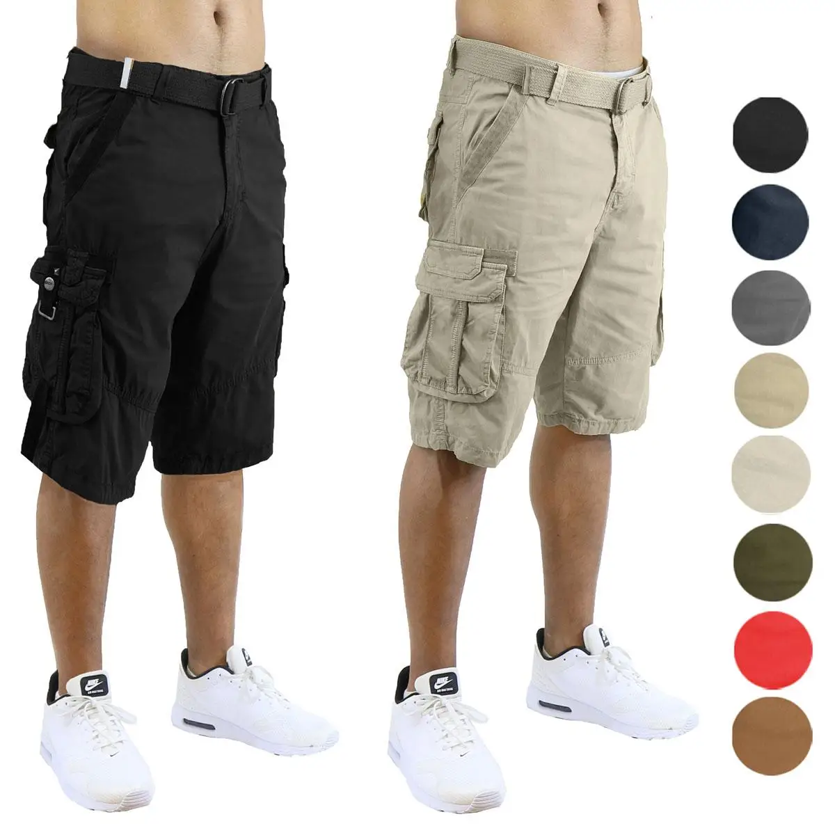 Men's 2 Pack Distressed Cotton Cargo Belted Shorts