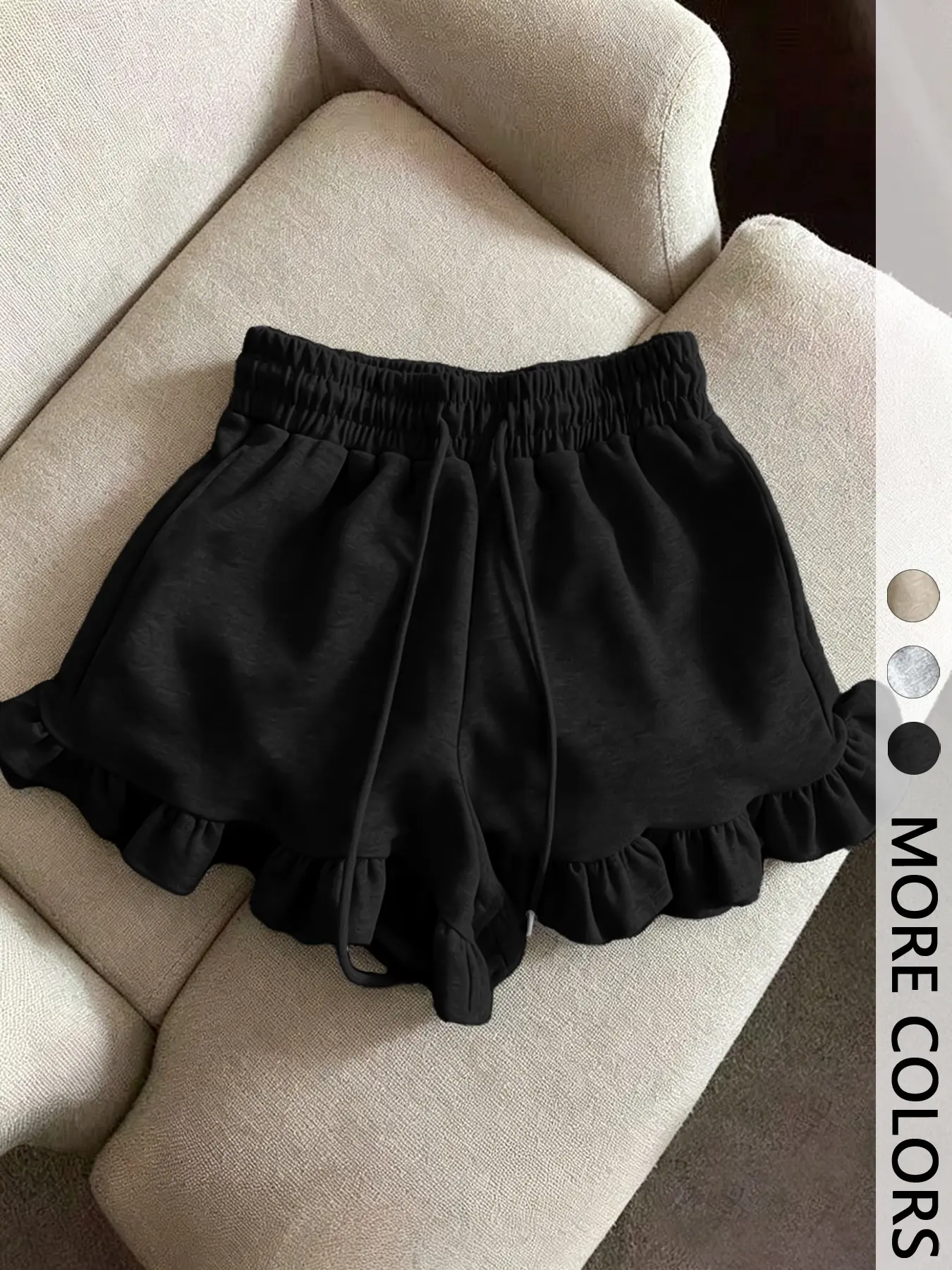 Women's Solid Color Elastic Waist Drawstring Ruffle Hem Shorts, Casual Comfortable Breathable Short Pants, Fashionable Summer Wear, Drawstring Waistband Shorts