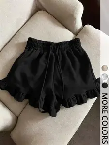 Women's Solid Color Elastic Waist Drawstring Ruffle Hem Shorts, Casual Comfortable Breathable Short Pants, Fashionable Summer Wear