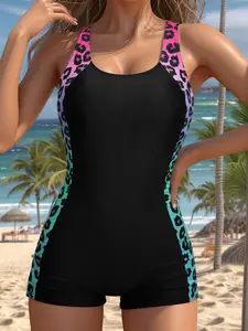 Women's Sporty Patchwork Colorblock One-Piece Swimsuit with Shorts, Leopard Print Backless Beach Swimwear, Sporty Style, Flat Front Monokini Bathing Suit, Sports Apparel, Athletic Wear