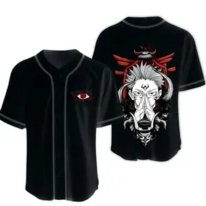Unisex Black & White Sukuna Anime Baseball Jersey, Short-Sleeve Loose-Fitting Professional Sports Top, High-Quality Polyester, Machine Washable, Anime & Movie Style