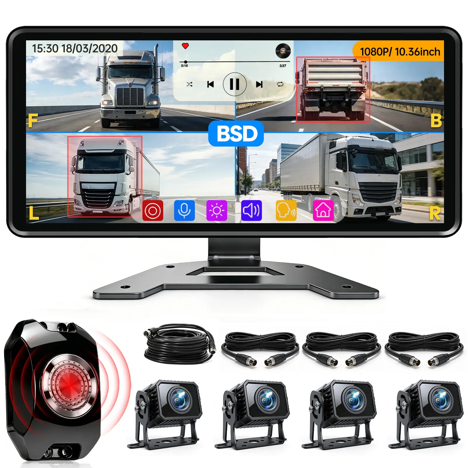 ConewVehicle Wired Backup Camera System with Carplay Android Auto,10.36" 4CH Rear View Camera,Quad Split 1080P Touch Screen Monitor with MirrorLink Voice Control Navigation,DVR Loop Recording,Night Vision Waterproof for RV Trailer Camper Semi-Truck