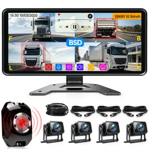 ConewVehicle RV Backup Camera System with Carplay Android Auto,10.36" 4CH Rear View Camera,Quad Split 1080P Touch Screen Monitor with MirrorLink Voice Control Navigation,DVR Loop Recording,Night Vision Waterproof for RV Trailer Camper Semi-Truck