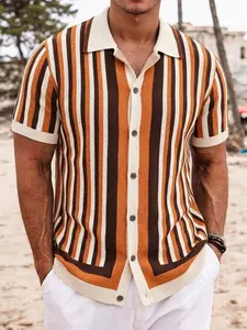 Men's Casual Camp Collar Knit Short Sleeve Button Down Shirt Vertical Striped Beach Vacation Summer Outfit