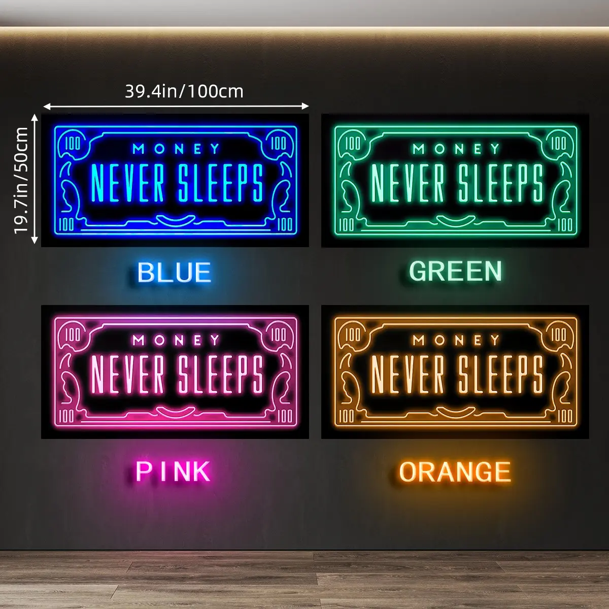 1 Count Unframed Inspirational Money Never Sleeps Neon-Style Vibrant Print Canvas Wall Art - $100 Bill Design, Modern Design, Motivational Decor, Contemporary Entrepreneur Wall Decor, Aesthetic Wall Decor for Home, Office & Dormitory Decoration