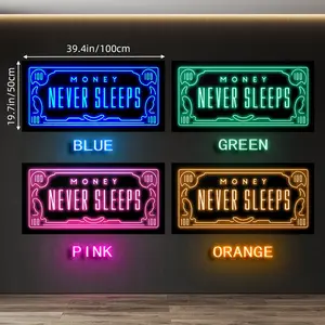 1 Count Unframed Inspirational Money Never Sleeps Neon-Style Vibrant Print Canvas Wall Art - $100 Bill Design, Inspiration Theme, Contemporary Entrepreneur Wall Decor for Living Room, Bedroom and Office, Home And Dormitory Decoration