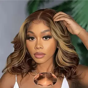 Body Wave Brown Blonde Highlight P4/27 Human Hair Bob Wig 13x4 HD Transparent Lace Front Pre Plucked 180% Density Easy To Install Bob For Women