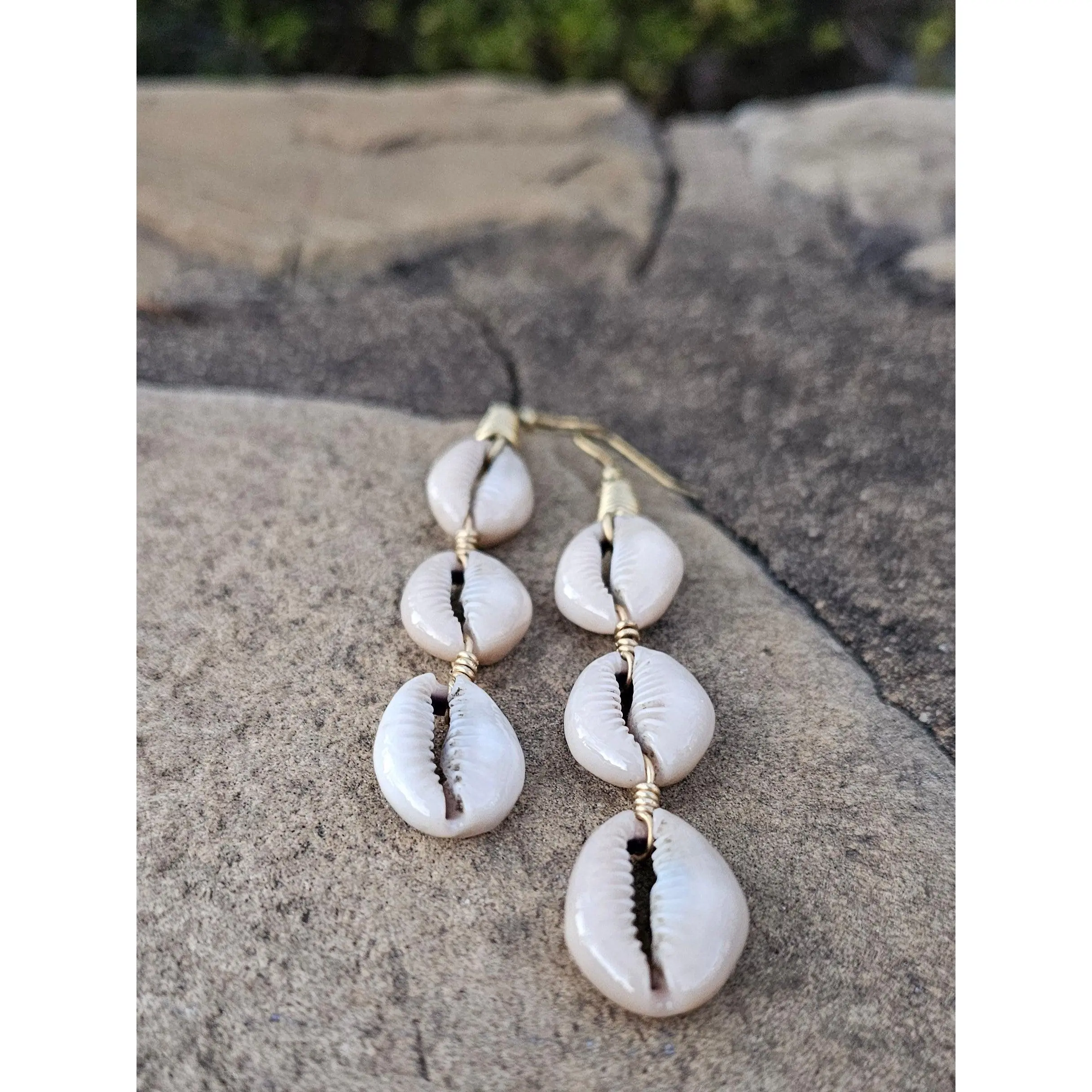 Triple Cowrie Shell Linear Earrings