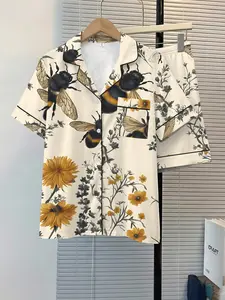 Women's Sleepwear 2-Piece Set Pajamas, Bee Pattern, Comfortable Night Home Wear, Fashion Soft Fabric, Casual Daily Wear