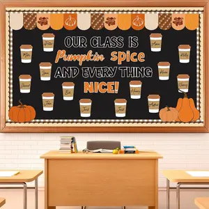 Autumn Bulletin Board Decoration Set Fall Coffee Cup Themed Name Tags Pumpkin and Everything Nice Motivational Paper Cutouts Banner Party Supplies for Classroom Wall Chalkboard and Door Decor 75 Pcs
