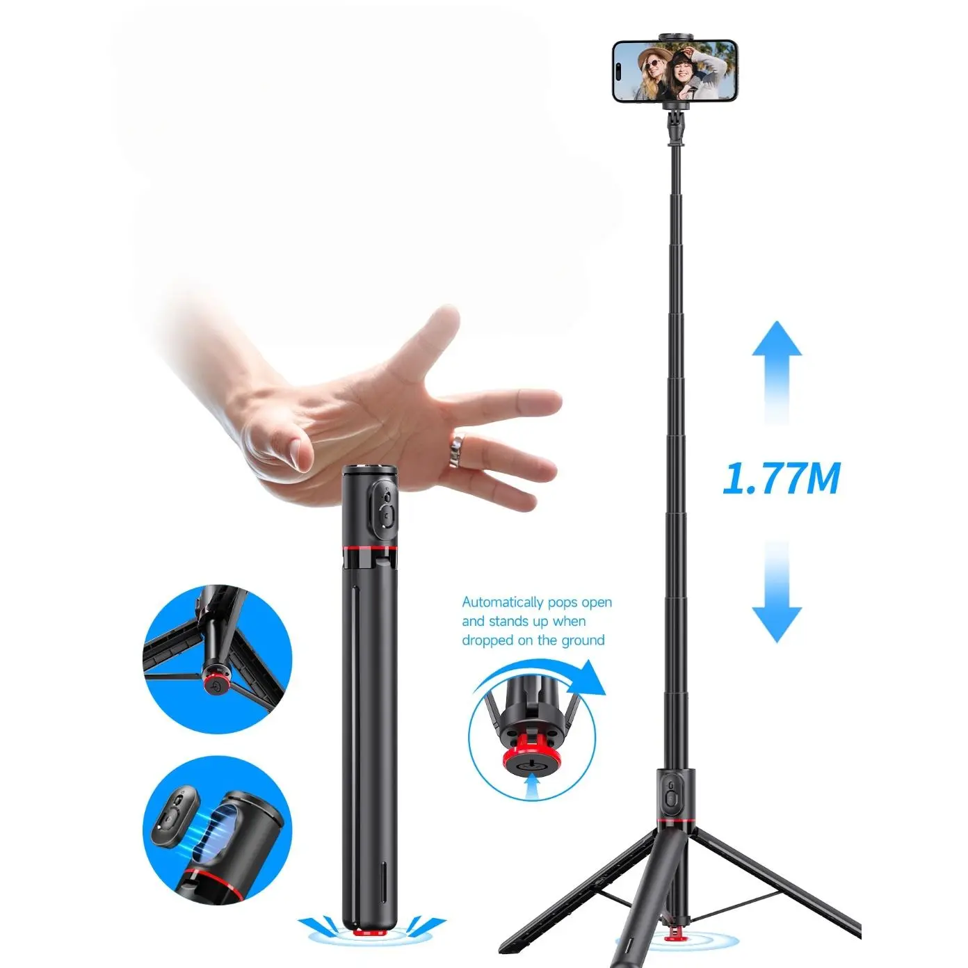 Selfie Stick Tripod, Telescopic Phone Tripod with Automatic Pop-Up Landing, Magnetic Wireless Remote Control Tripod for Video Recording, Live Streaming & Vlogging