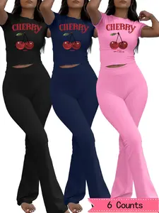 Women's Cherry Print Tee & Flare Leg Pants Set, Casual Fashion Cozy Top & Bell Bottom Trousers for Daily Outdoor Wear, Women's Clothing for Summer Valentine's Day, gift
