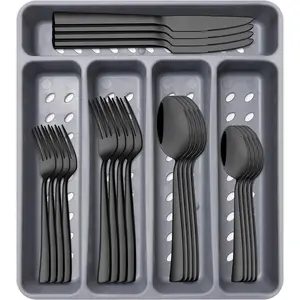 21-Piece Modern Black Silverware Set with Organizer Tray Stainless Steel Eating Utensil Sets Kitchen Knives Forks and Spoons Cutlery Set Heavy Duty Tableware Flatware Sets for 4, Dishwasher Safe
