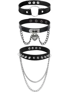 3Pcs Punk Leather Choker Necklaces for Women Hippop Collar Chain Necklace Adjustable Goth Heart Spike Chain Chocker Collar Trend Street Jewelry