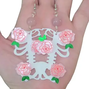 Acrylic Skeleton Earrings with Gem Beads, Floral Design, and Rose Accents