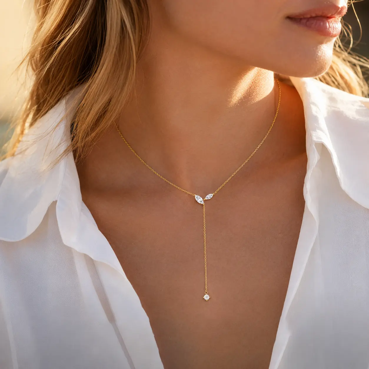 14K Gold Plated Y Necklace for Women, Dainty Marquise Cubic Zirconia Lariat Drop Necklace, Sparkling CZ Y-Shaped Pendant Necklace, Elegant Jewelry Gifts for Wedding Anniversary Birthday