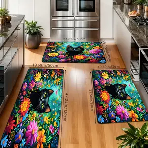 Black Cat & Colorful Floral Kitchen Rugs Set, Non-Slip Washable Floor Mats, Vibrant Flower Print Runner Carpets for Kitchen, Bathroom & Cat Lover Decor