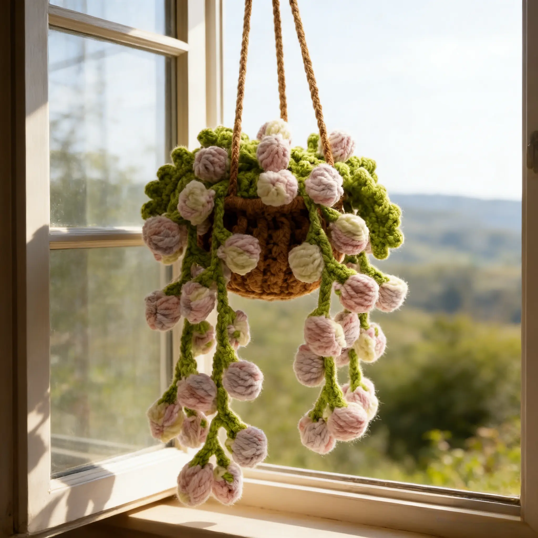 Handmade Crocheted Car Hanging Ornament with Pink & White Flowers, Boho Style, Unique Air Freshener & Car Decoration, Perfect for Travel & Daily Commute