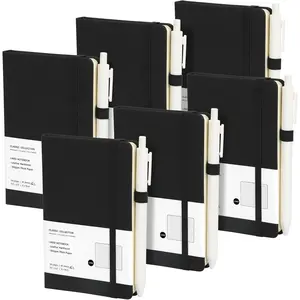 6 Pack A6 Pocket Small Notebook with 6 White Pens Bulk Classic Hardcover Leather Journal Set with Pen Holder for Men Women Writing, Office, , School, Business, 100GSM, 3.5" x 5.5", Black