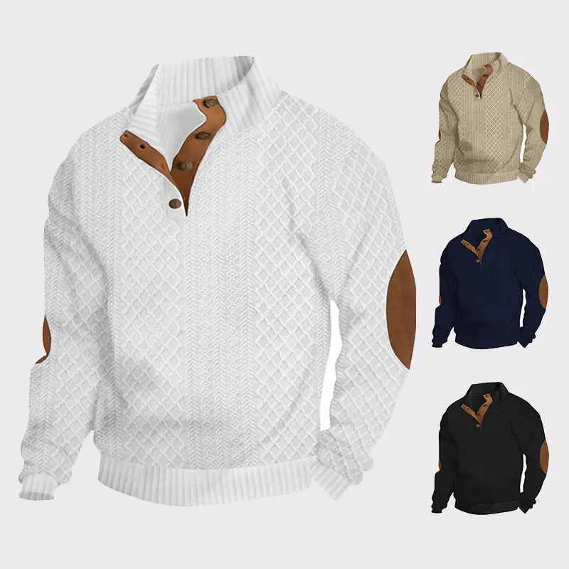 Men's Fashion Jacquard Button Placket Henley Shirt, Street Retro Style Long Sleeve Stand Collar Pullover, Polyester Fabric, Comfortable Breathable Knit Sweater for Spring Fall Daily Casual, Outdoor Travel & Party Dates