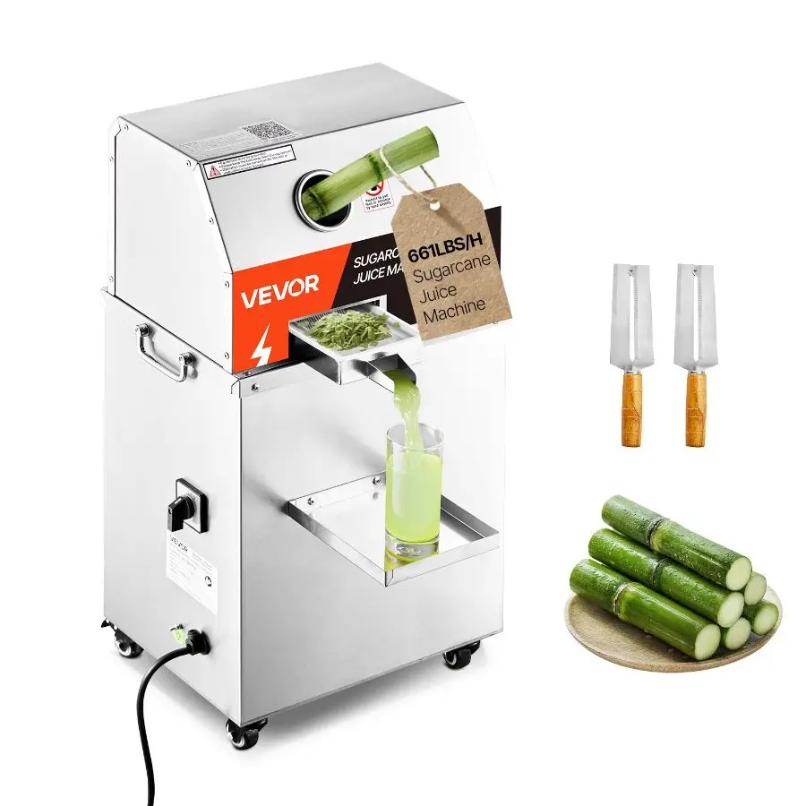 VEVOR Commercial Electric Sugar Cane Juicer, 800W Stainless Steel 3-Roller Machine with 661LBS/H High Juice Flow Output, Wheel-Mounted Press Extractor for Home/Commercial Use
