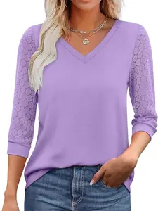 2026 European & American New Style Loose Hollow Lace Corset, Three-Quarter Sleeve Top, Casual Solid Color V-Neck T-Shirt