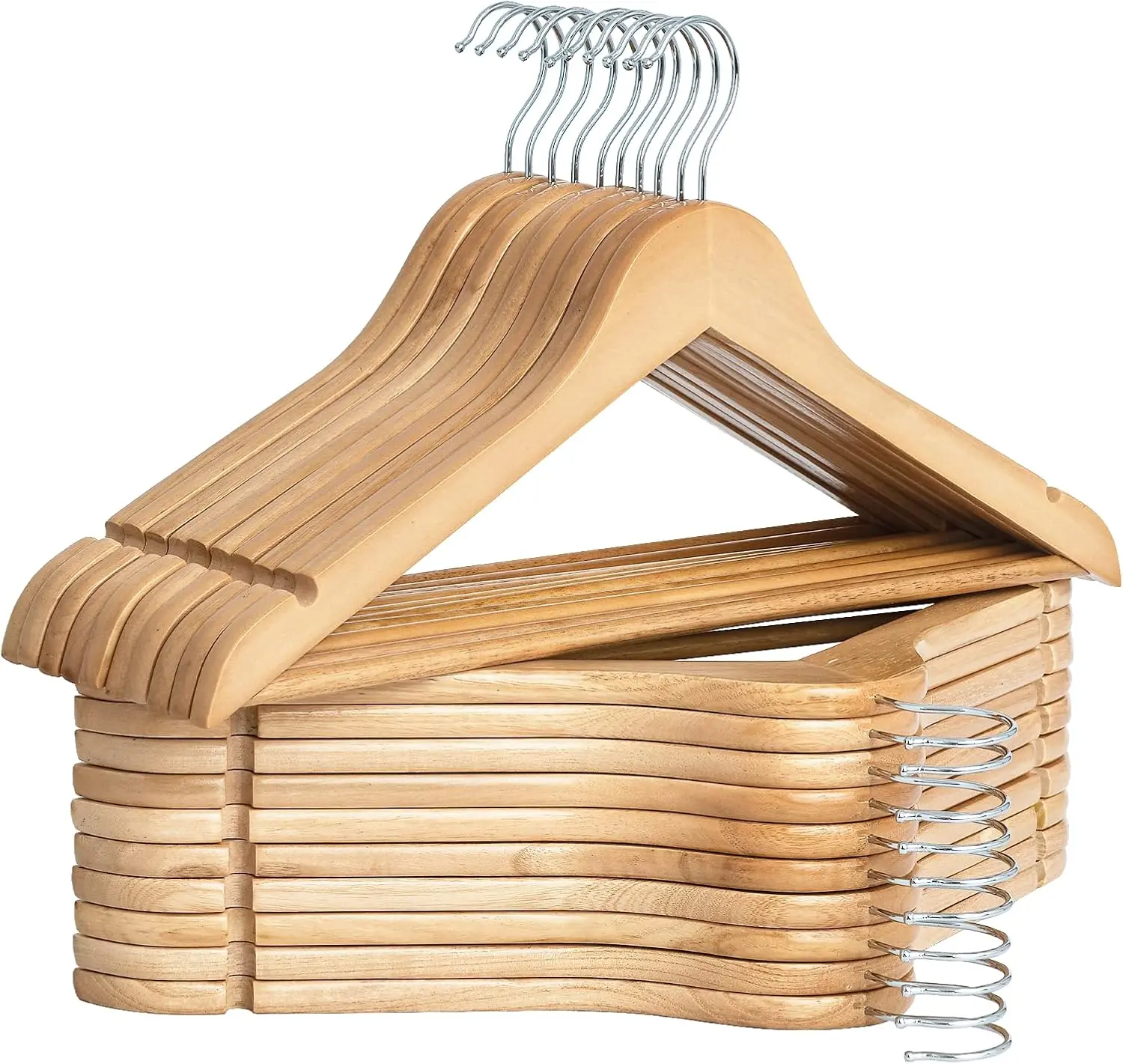 10/20/30-Pc Sturdy Natural Wooden Hanger Set for Tool Organizers, Smooth Non-Slip Shoulder Grooves, Notches, 360° Rotatable Chrome Hook for Suits, Shirts, Pants Hanging Racks