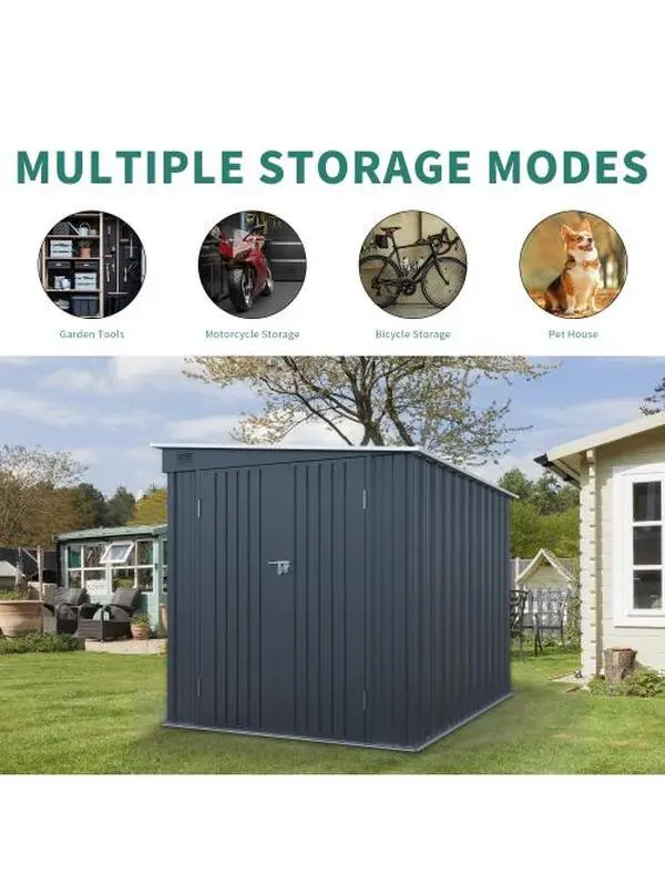 6x8FT Galvanized Steel Outdoor Storage Shed with Lockable Double Doors, Metal Lean-to Shed with Free PC Light Board for Tools, Bikes & Patio Essentials (Floors Not Included)