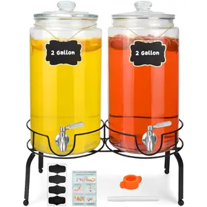2 Gallon Beverage Dispenser 2 Pack, Stainless Steel Spigot Drink Dispenser for Parties with Stand, Clear Glass Drink Container Easy to Refill and Clean