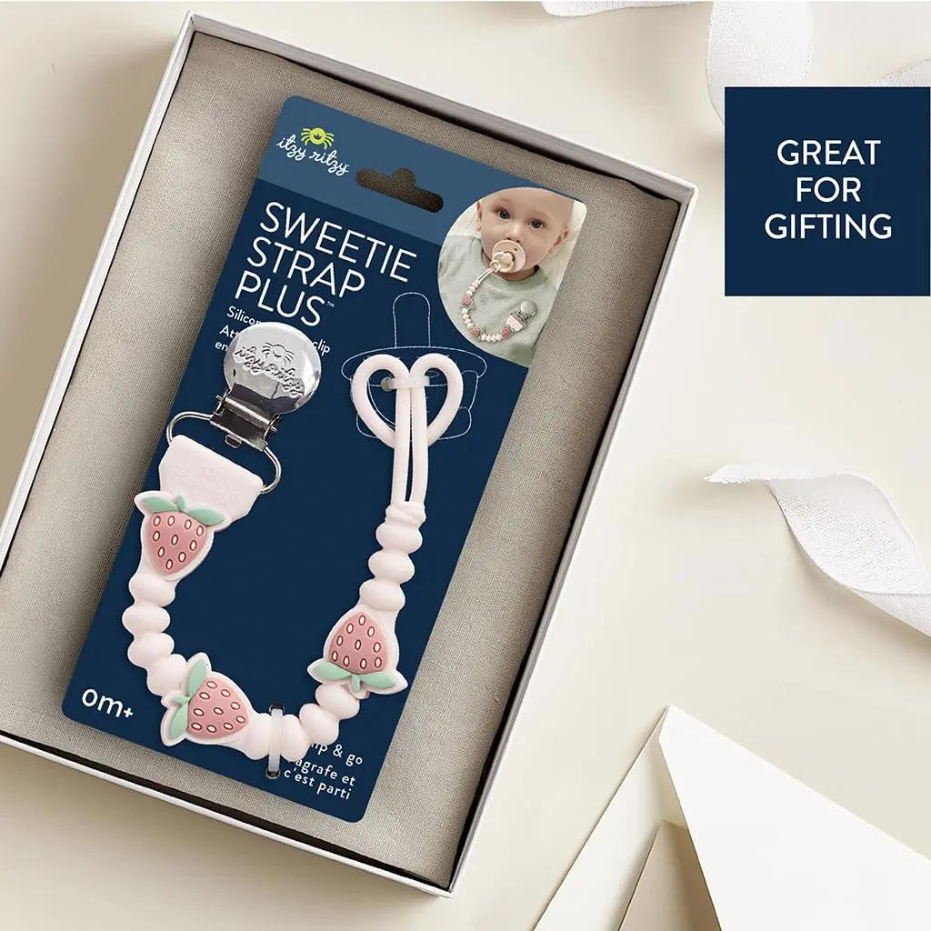 Summer & Spring Gift – 100% Food Grade Silicone Pacifier Clip, Pacifier Strap with Secure Clip, Keeps Pacifiers, Teethers & Small Toys in Place, One-Piece Design (Strawberry)